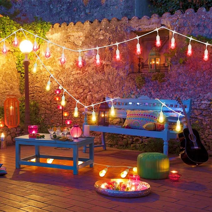 Multicolor 96FT(2x48FT) LED Patio String Lights with Remote, White | Plug in, 8 Lighting Modes, 30+5 S14 RGB Edison Bulbs, Dimmable, Shatterproof, Waterproof, Connectable, for Engagement Wedding