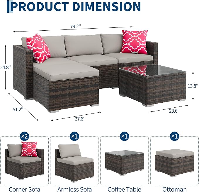 PeakPursuit Outdoor Patio Furniture Set, 5 Pieces Rattan Patio Conversation Sets with Glass Coffee Table and Cushion,All Weather Outdoor Patio Sofa for Garden, Poolside, Backyard,Grey