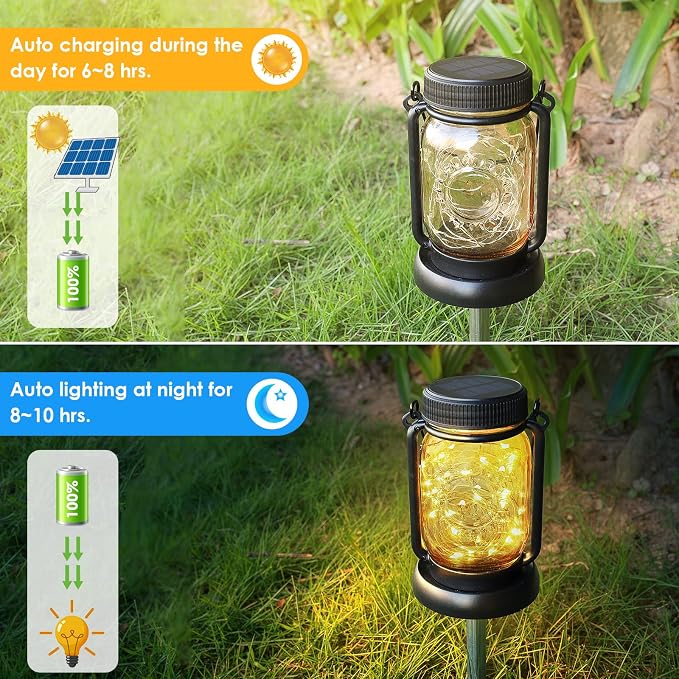 4 Pack Solar Mason Jar Hanging Lantern with Stakes, Warm White | Solar Fairy String Lights, Vintage Glass Lamp, Waterproof, Bright, for Indoor Outdoor Halloween Garden Patio Pathway Yard