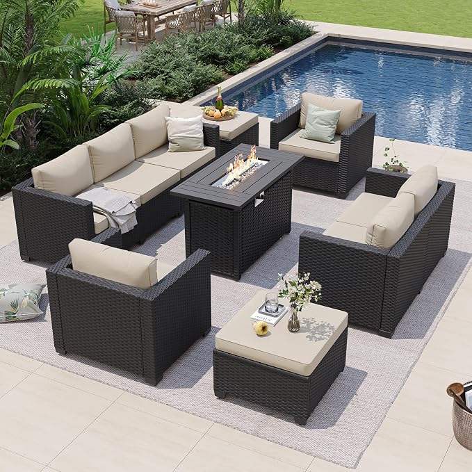 Aoxun 7 Piece Patio Furniture Set with Fire Pit Table, 9 Seats Outdoor Furniture Set with Wicker Ottomans, Rattan Outdoor Sectional Sofa with Thickened Cushion & Waterproof Cover Beige