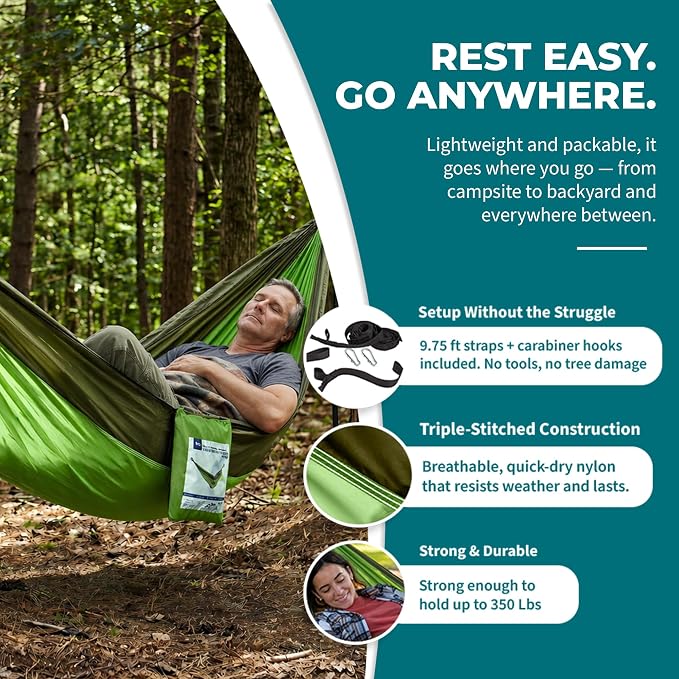 Bliss Hammocks Hammock in a Bag with Tree Straps and Carabiner Hooks, Nylon Hammock for Camping and Outdoor Use, 350 Lb Capacity, Forest Green