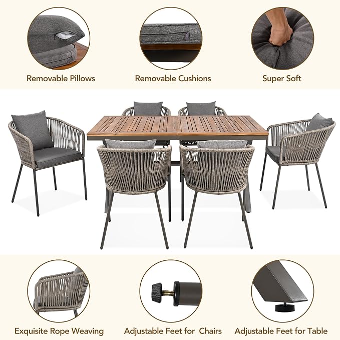 7 Pieces Patio Dining Set, All-Weather Outdoor Furniture Set with Dining Table and Chairs, Acacia Wood Tabletop, Metal Frame, for for Garden, Backyard, Balcony, Grey