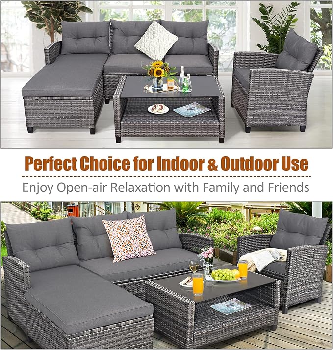 Tangkula 4 Pieces Rattan Conversation Set, Patiojoy Outdoor Furniture Set with Cushions, Lounge Sofa Set with Coffee Table, Patio Sectional Sofa Set for Patio Garden Poolside Backyard (Gray)