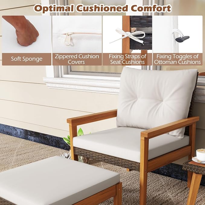 Tangkula 5 Piece Rattan Furniture Set, Wood Frame Chairs & Ottomans w/Square Coffee Table, Space Saving Cushioned Wicker Patio Conversation Set for Backyard, Poolside (Off White)