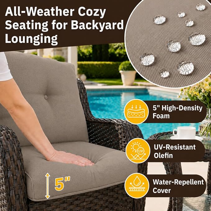 HUMMUH 3-Piece Swivel Rocking Rattan Chair Outdoor, Patio Bistro Furniture Conversation Set,Cushioned Wicker Chair with Glass Coffee Table(Brown, Grey)