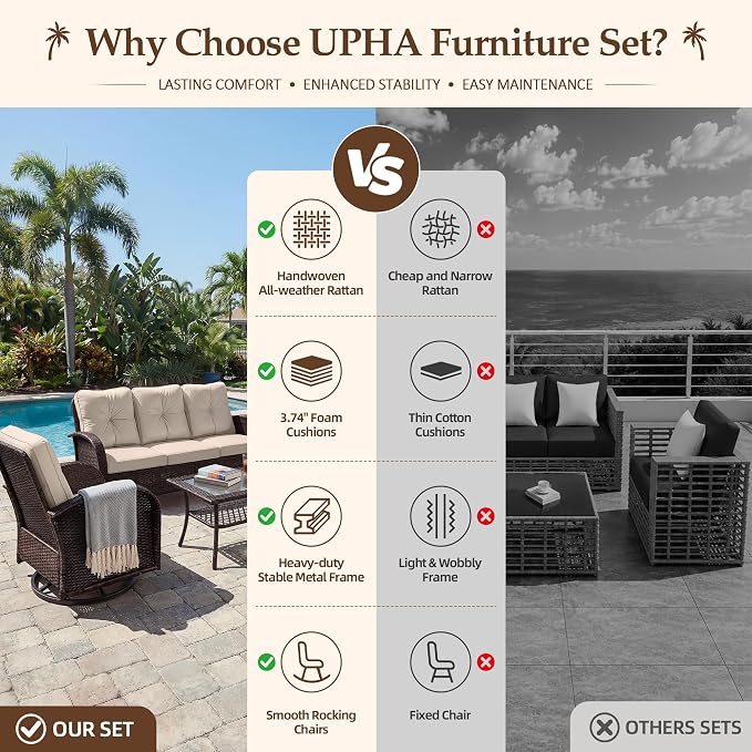 UPHA 6 Pieces Patio Furniture Sets, Wicker Outdoor Sofa Set with Loveseat & 3-Seat Couch, Swivel Chairs, Patio Conversation Set for Deck Backyard Garden, Brown Rattan, Beige Cushion