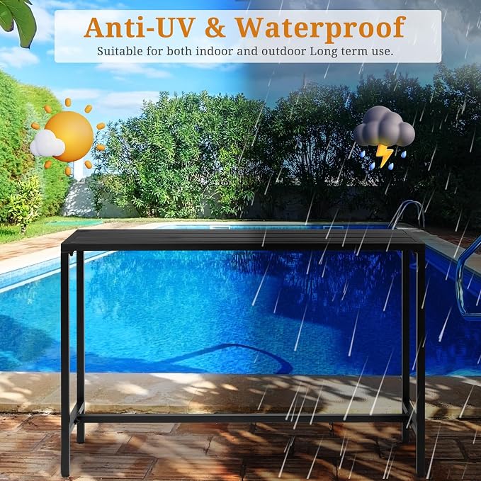 55" Outdoor Patio Bar Table,Rectangle Narrow Outdoor Counter Height Bar Table,Metal Patio Pub Bistro Cocktail Hot Tub Table,with Adjustable Feet,for Garden Deck Yard Poolside Balcony (Black)