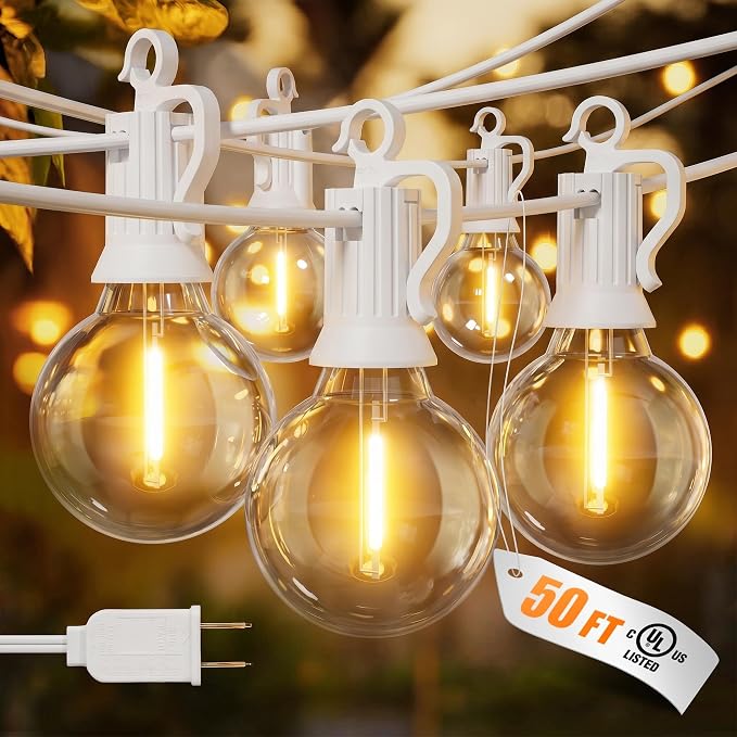 Outdoor String Lights, 50FT 25 LED Bulbs IP65 Waterproof Patio Lights | Shatterproof Dimmable Hanging Connectable G40 Globe LED Outdoor Lights for Christmas, Backyard, Bistro, Porch