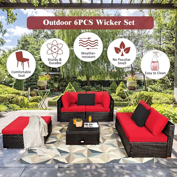 Tangkula 6 Piece Patio Furniture Set, Outdoor Deck Lawn Backyard Sectional Sofa with Coffee Table, Durable Steel Frame PE Rattan Wicker Conversation Set (Red)