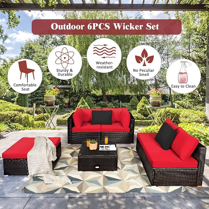 RELAX4LIFE 6-Piece Patio Sofa Set - Outdoor Sectional Sofa Set Wicker Conversation Set w/Table & Removable Cushions, Modular Sofa Set Patio Furniture for Backyard, Poolside, Balcony (Red)
