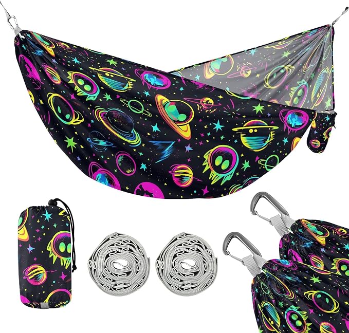 Camping Hammock Outdoor Hammocks for Outside Neon Planet Beach Trees Portable Lightweight with Pockets Tree Straps Indoor