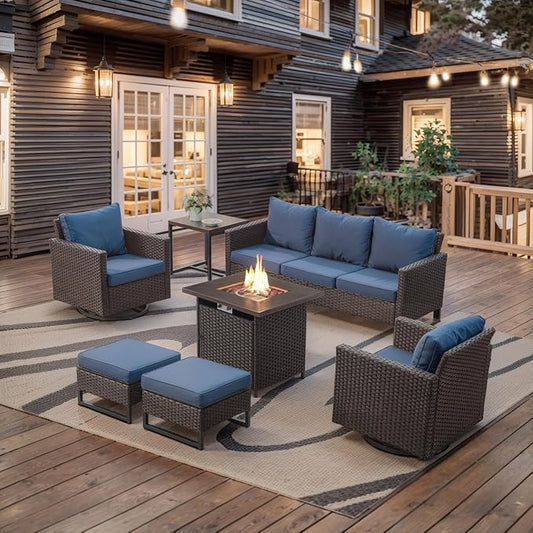 Belord 7 Pieces Patio Furniture Set with Fire Pit Table: Wicker Patio Conversation Set with Outdoor Swivel Glider Rocker Patio Couch Metal Side Table, All Weather Grey Rattan