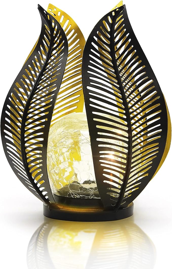 Solar Garden Lights Waterproof Decorations,Crackle Globe Glass,Metal Palm Leaf Solar Lights for Outdoor Decor On Garden,Patio,Yard,Front Porch,Tabletop Lamp-Perfect Gifts