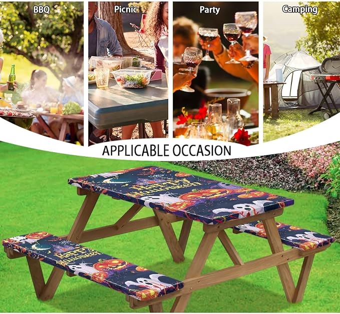Happy Halloween Picnic Table Cover with Bench Covers Lightweight Camping Essentials, Oil-Proof Waterproof 3PCS Tablecloth with Elastic, Fitted for Backyard Parties & Trick-or-Treat