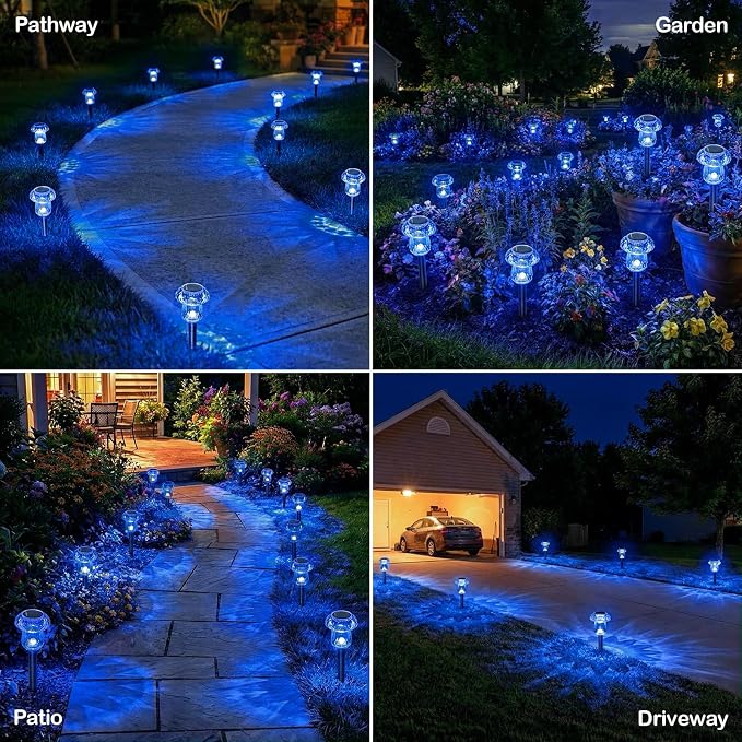Solar Halloween Lights Outdoor 8 Pack Blue Garden Mushroom Decor | LED Waterproof Halloween Decorations Outdoor for Pathway Yard Outside Driveway Walkway Landscape Path Lighting, Auto On/Off