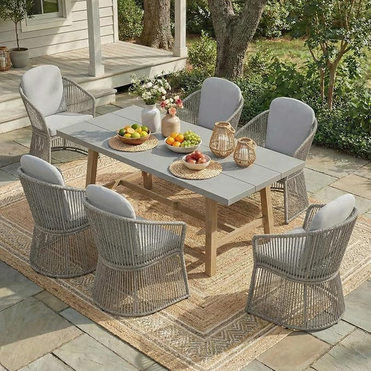 SUNSITT 7 Piece Outdoor Patio Dining Set, Patio Dining Furniture Set with 76” Aluminum Dining Table w/Umbrella Hole and 6 Woven Wicker Outdoor Patio Chairs w/Curved Armrest for Garden, Light Grey