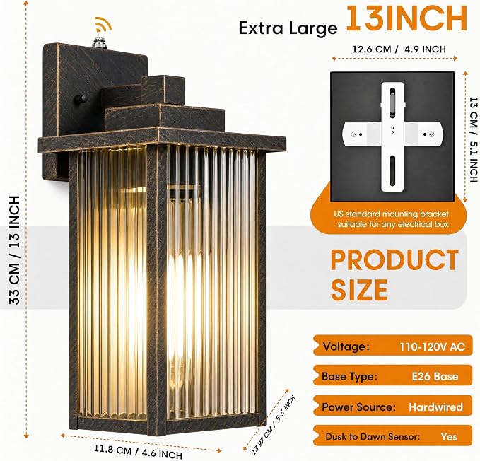 2-Pack 13-Inch Dusk to Dawn Outdoor Light, Black Brush Gold Metal | Auto On at Dusk, Off at Dawn. Textured Glass Softens Glare. Waterproof Rust-Resistant Metal. Pre-Assembled DIY Install