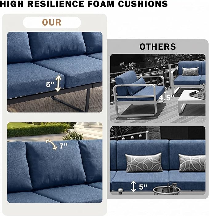 Aluminum Outdoor Patio Furniture Set 7 Pieces, 2 Swivel Rocking Chairs, 3-Seater Bench, 2 Ottomans, Coffee Table & Side Table, Patio Sectional Conversation Furniture Set with Thick Cushions