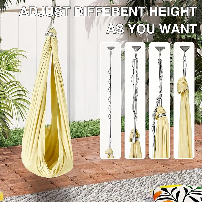 PrecisionAuto Dual-Layer Cotton Sensory Hammock Swing for Kids & Adults – Calming Compression Therapy, 360° Swivel, Heavy Duty, Indoor Outdoor, Supports 300 lbs, Autism Yoga, Light Yellow