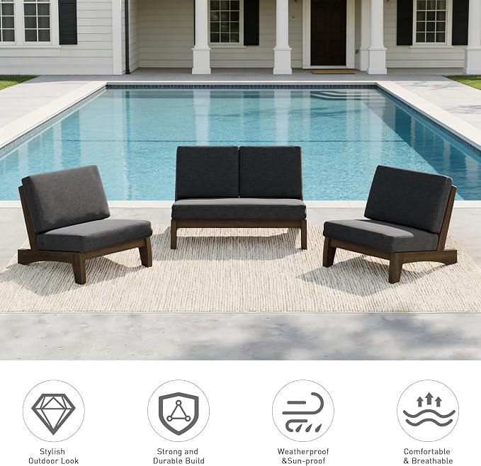 Pia Ricoo 4 Piece Patio Furniture Sets, Outdoor Loveseat Sofa Set with 2 Chairs & Coffee Table, Patio Conversation Set for Backyard, Deck, Lawn, Drak