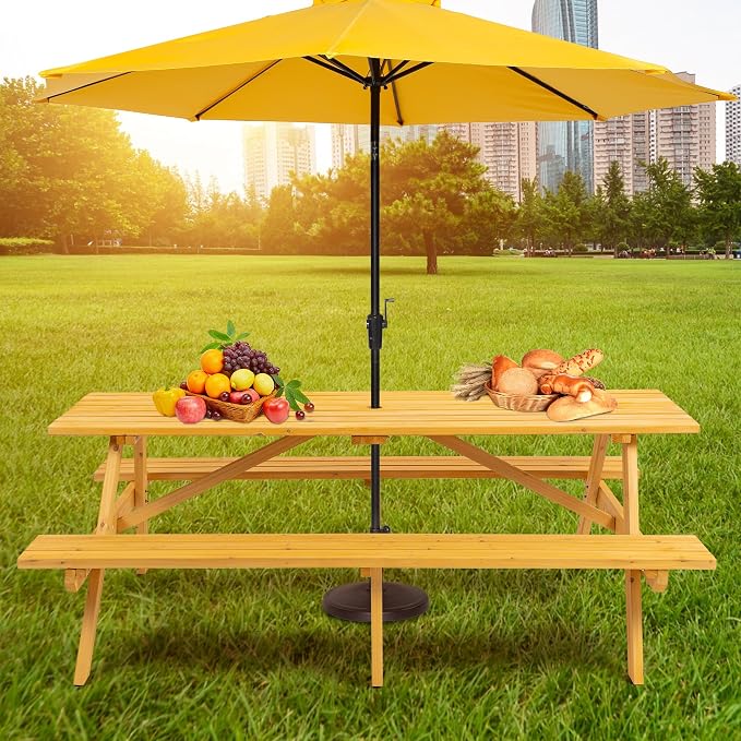 Picnic Table with Bench for 8 Person Outdoor Wooden Rectangle Table for Patio Garden Backyard Large Outside Dining Table Set with Umbrella Hole 6.25FT