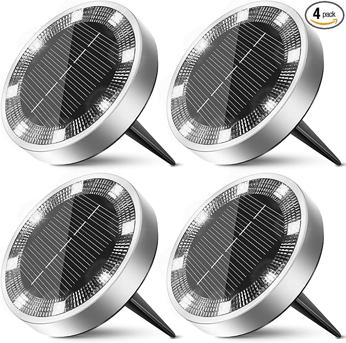4 Pack Solar Ground Lights Outdoor, 8 LED Mini Flat Solar Disc Lights, IP65 Waterproof Pathway Lights Solar Powered, Landscape Lighting for Garden Walkway Driveway Yard Lawn,Cool White