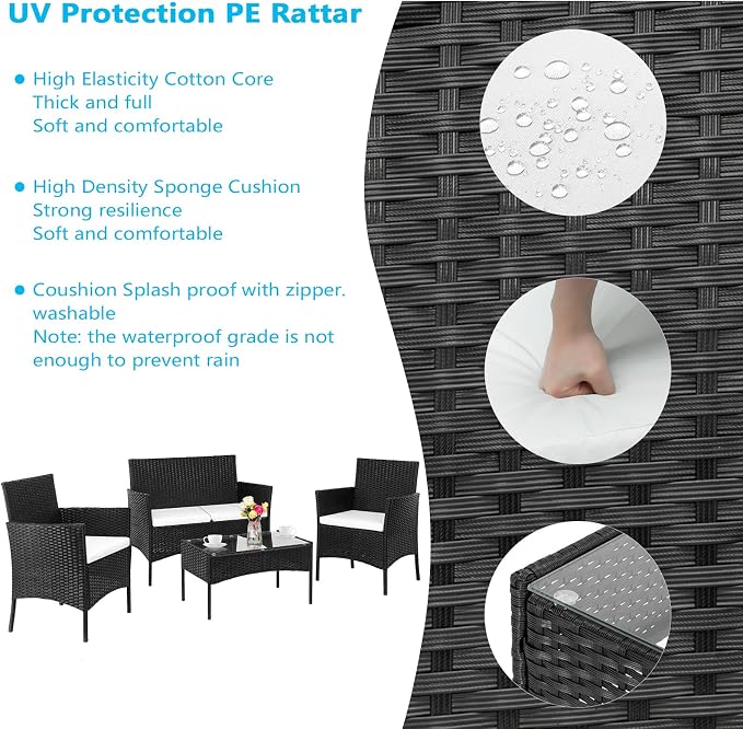 4 Piece Outdoor Patio Furniture Set, Wicker Rattan Patio Conversation Set with Loveseat Soft Cushion and Coffee Table for Garden, Backyard, Balcony, Porch, Yard and Poolside, Black