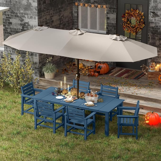 7-Piece Outdoor Dining Set with 75.2" Table for 6,Navy Blue | HDPE material, umbrella hole design, weather-resistant furniture, perfect for garden, lawn, poolside, yard, balcony, deck
