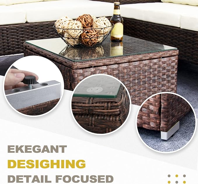 DIMAR GARDEN Outdoor Coffee Table Wicker Patio Side Table with Glass Top,19.7in Mixed Brown