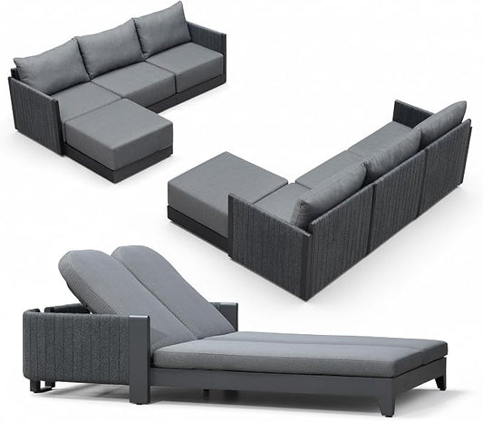PURPLE LEAF Patio Furniture Set with 2 Person Lounge Chair 9 Pieces Outdoor Conversation Sets PP Rope Patio Sofa with Table Manual Weaving Deep Seating Furniture for Porch Lawn Backyard Gray