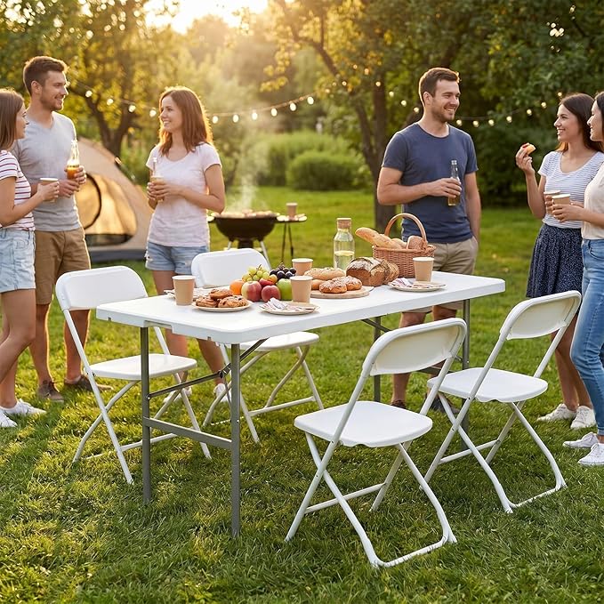 Sweetcrispy 4 FT Folding Picnic Table Easy to Fold and Store, Foldable Table for Camping Picnic Dining Party Kitchen Outdoor Indoor with Carrying Handle