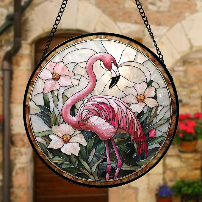 DASTOLL Stained Glass Window Hanging, Flamingo Flower Sun Catchers Diamond Glass Panel Hangings Pink Suncatcher Decor for Birthday for Women, Men, Wife, Aunt, and Mom 7.8 in