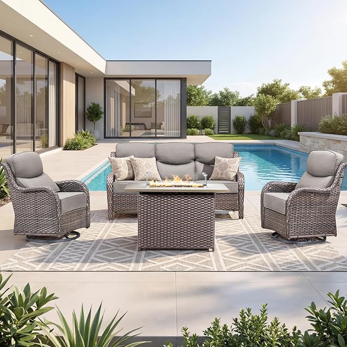 Luxury Patio Furniture Set with 6-inch Thick Cushion, Outdoor Furniture with Fire Pit Table, Swivel Chairs, Sofa, 4pcs Wicker Conversation Set for Deck Yard and Poolside Brown Wicker | Grey Cushions