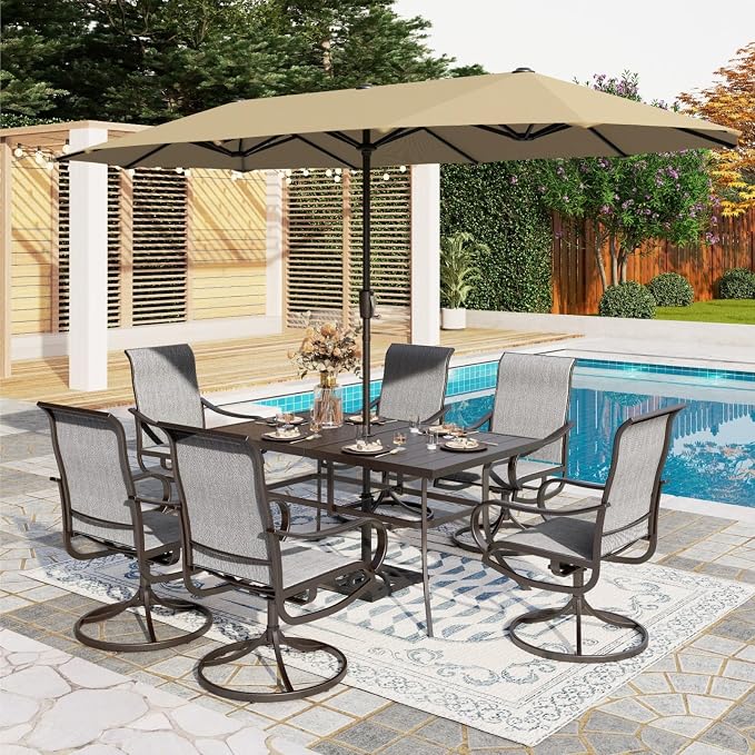 PHI VILLA Patio Dining Set with 13ft Umbrella for 6, Swivel Mesh Chairs | 59'' metal rectangular table, 6 grey outdoor textilene chairs and 13ft beige umbrella(NO BASE) for deck, garden, backyard