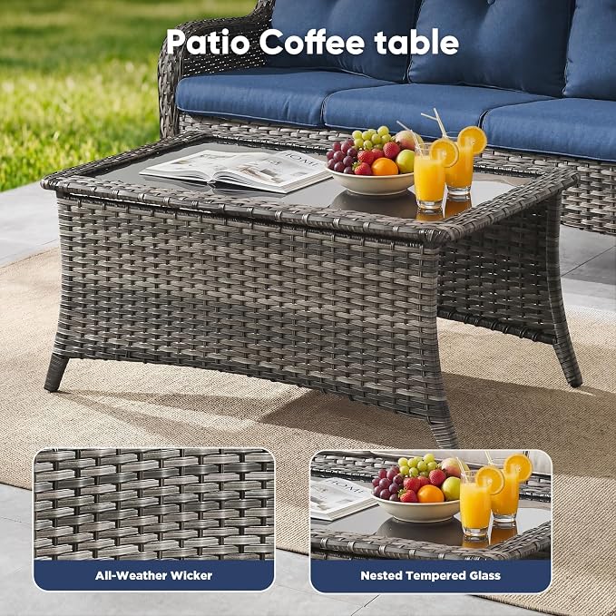 Belord 13 Piece Wicker Patio Furniture Set, Outdoor Swivel Rocker Chairs Set of 4 with Ottomans and Rattan Couch, All Weather Patio Conversation Furniture Set, for Pool,Yard Gray Wicker/Blue