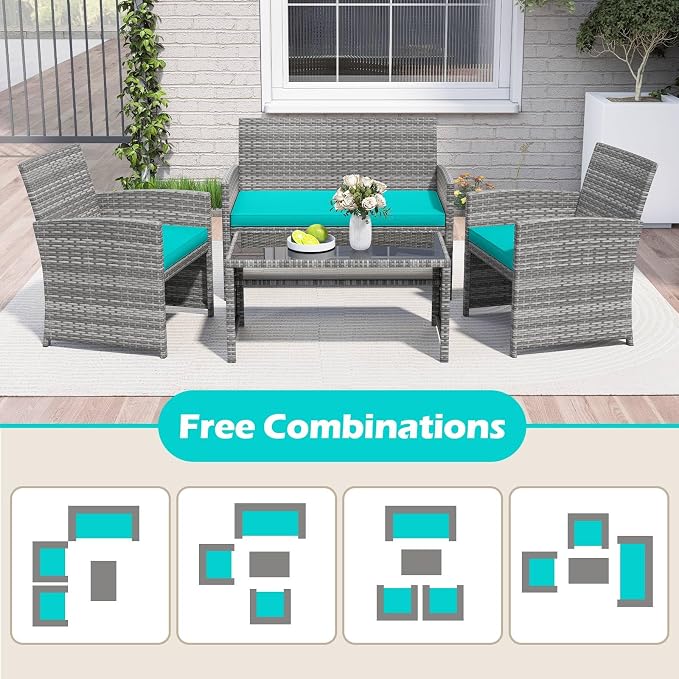 RELAX4LIFE 8-Piece Patio Furniture Set - Wicker Rattan Outdoor Sectional Sofa Set w/Glass Coffee Table, Loveseat, Chairs & Soft Cushions, Bistro Conversation for Garden Porch (2, Grey-Turquoise)