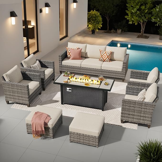 ovios 8 Pieces Patio Furniture Set with 54" Fire Pit Table, Outdoor Wicker Sofa with Comfy Cushions, All Weather High Back Rattan Couch Conversation Set, Beige