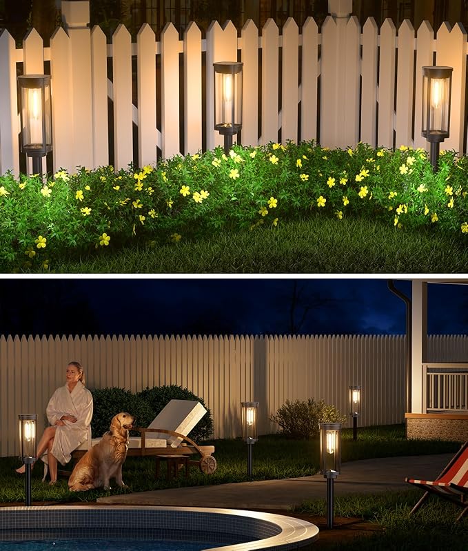 NEWMESSI 4 Pack Solar Pathway Lights Outdoor, Modern Super Brightness LED Solar Path Lights, IP65 Waterproof Garden Solar Powered Landscape Lighting for Outside Yard Garden Driveway Walkway Décor