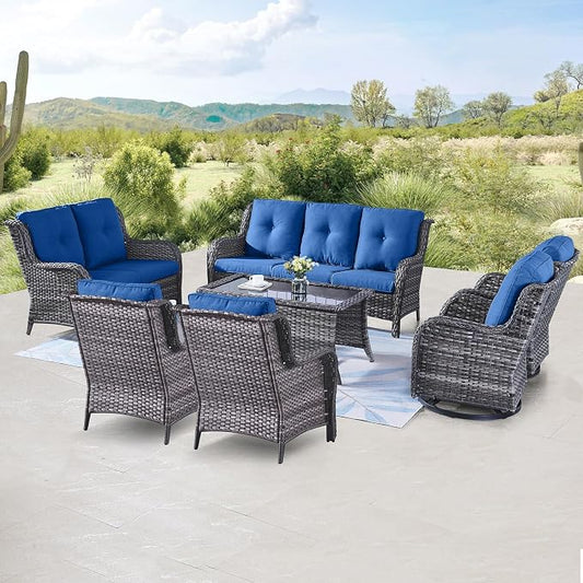 Belord 7 Piece Wicker Patio Furniture Set, Outdoor Swivel Rocker Chairs Set of 2 with Ottomans, 3 Seat Sofa and Loveseat, All Weather Patio Conversation Furniture Set, for Pool,Yard Gray Wicker/Blue