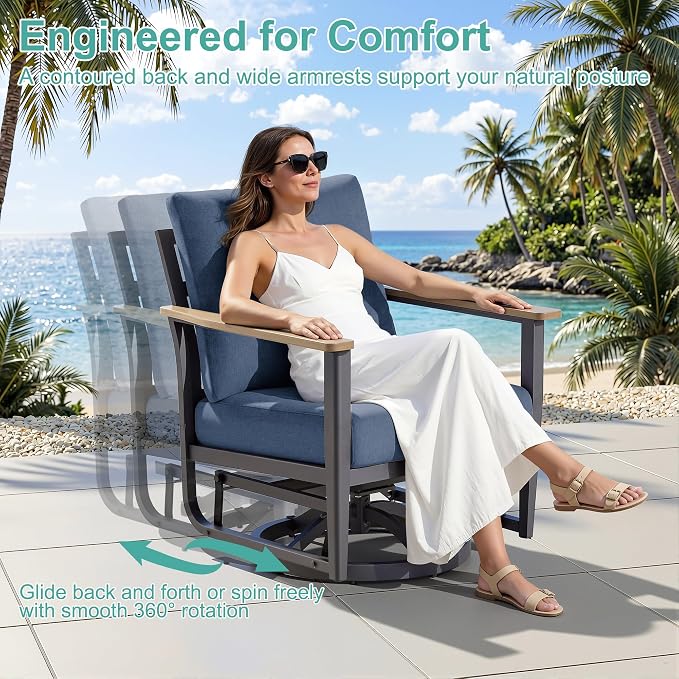 3-Piece Patio Rocking Swivel Chair Outdoor Aluminum Bistro Set with Coffee Table, Outdoor Patio Furniture Set with High Backrest & Thickened Cushions for Garden, Deck and Balcony, Navy Blue