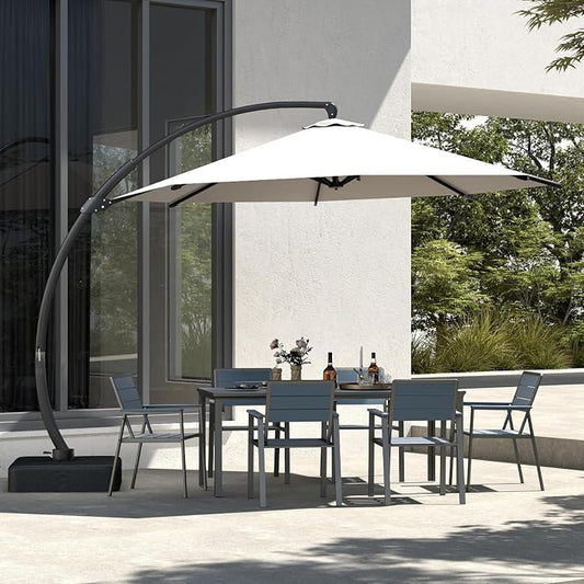 7-Piece Outdoor Dining Set with 11FT Umbrella,Navy | HDPE table, chairs included, aluminum frame, 2" hole design, weather-resistant furniture, perfect for backyard, deck, garden