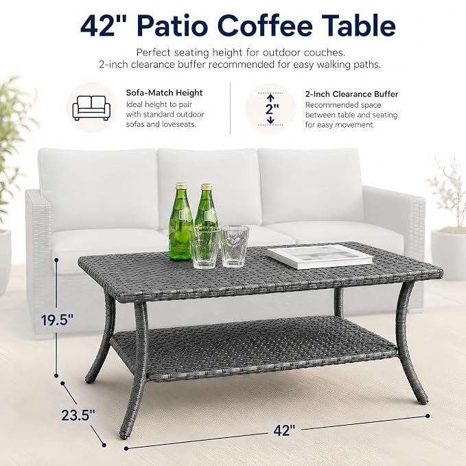 HUMMUH 42-inch 2-Tier Outdoor Patio Coffee Table, Grey PE Rattan Center Table with Powder-Coated Metal Frame for Garden, Backyard, Porch Storage