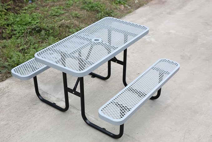 Picnic Tables for Outdoors,Commercial Metal Picnic Table Bench Set with Umbrella Hole,School Canteen Tables W/Seats - Heavy Duty Sturdy Picnic Tables Furniture for Patio Garden (Grey, 4FT)