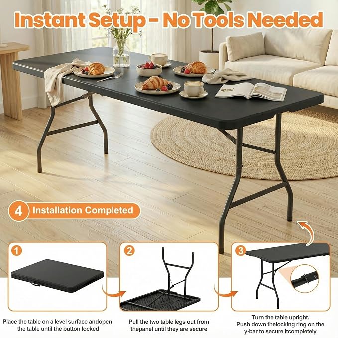 6FT Folding Table Set with 6 Plastic Folding Chairs, Black Heavy Duty Fold-in-Half Utility Table Chairs Sets for Picnic, Event, Training, Dining, Outdoor Activities Commercial Use