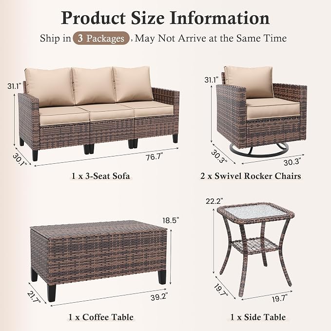 Amopatio Patio Furniture Set, Wicker Outdoor Sectional Sofa with Swivel Rocker Chairs, All-Weather Rattan Conversation Set, Storage Coffee Table, Waterproof Cover for Backyard, Deck Brown/Khak 5 PCS