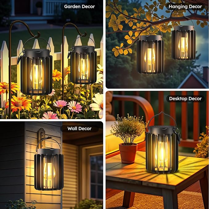 4 Pack Solar Lanterns Outdoor Waterproof, Retro Metal Hanging Lantern | 12-Hr Runtime Outdoor Solar Lantern, Auto On At Dusk, High Bright Hanging Solar Lights for Garden Porch Patio Decor, Black