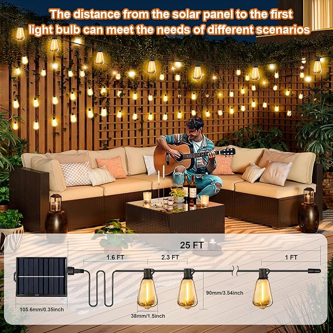Solar String Lights Outdoor Waterproof with Remote & Timer, LED Shatterproof ST38 Bulbs, USB & Solar Powered Patio Lights for Backyard, Porch, Garden, Wedding, Christmas Decor (25FT)