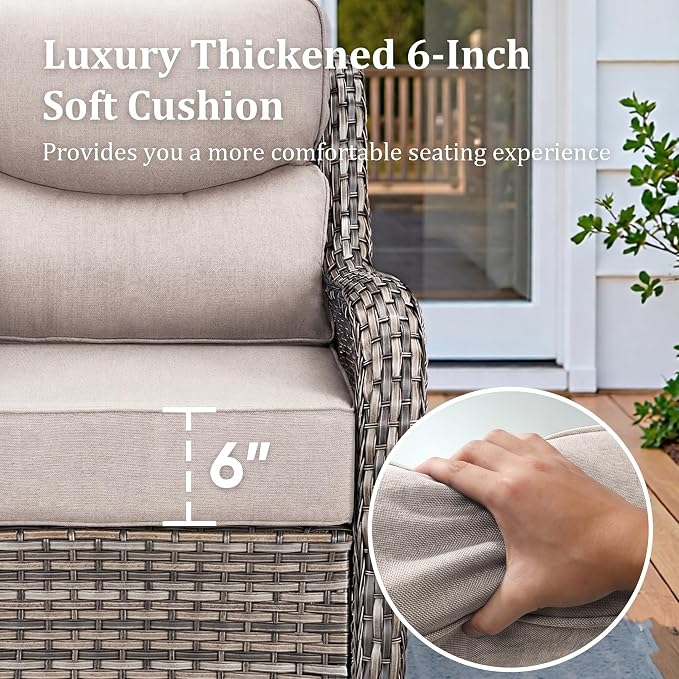 Luxury Outdoor Swivel Rocker Patio Chairs Set of 5, High Back Swivel Patio Chairs with Side Table 6-Inch Thick Cushions Ottomans, Wicker Outdoor Bistro Set for Porch, Yard, Deck, Poolside, Grey/Beige