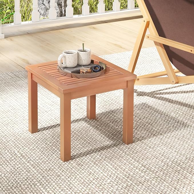 Tangkula Adirondack Outdoor Side Table, 18" Small Square Patio End Table with Slatted Tabletop, Natural Eucalyptus Wood Side Table for Backyard, Garden, Porch & Poolside (18” x 18”)