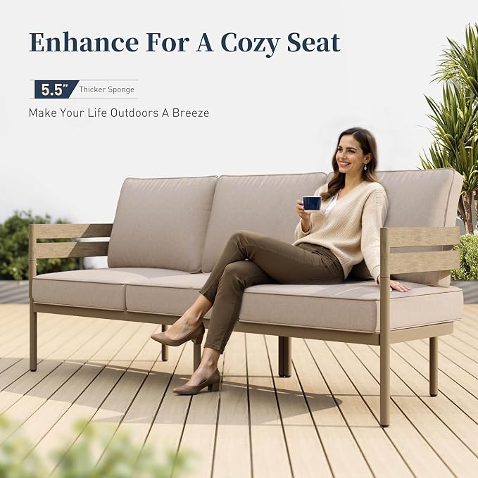 SUNSHINE VALLEY Metal Frame Outdoor Patio Sofa with Cushion, Wood-Like Patio Couch for Deck Balcony Front Porch
